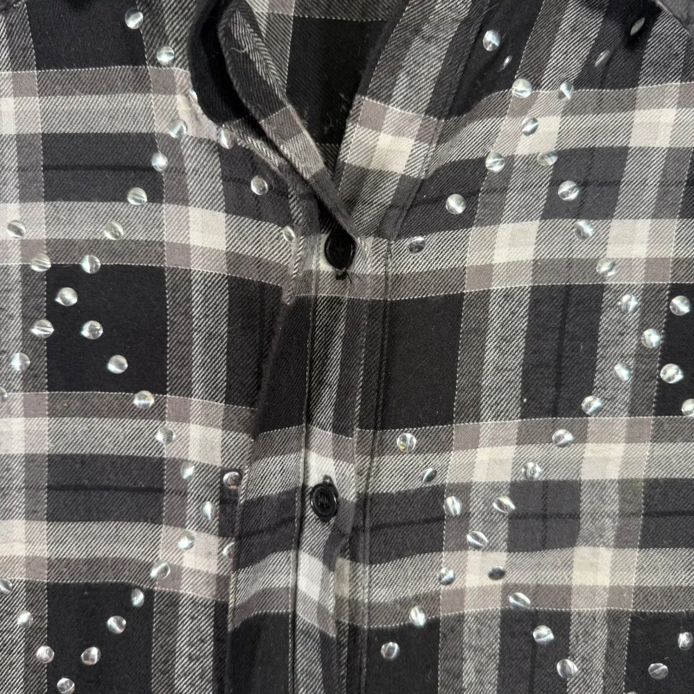 Michael Kors Button Down Shirt Women Large Black Plaid Studded Long Sleeve Top